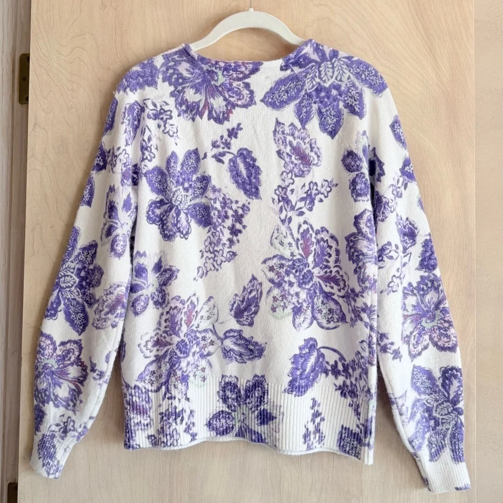 LOFT Floral V-Neck Sweater Purple Off-White Cotton Blend Long Sleeve Women’s Sm